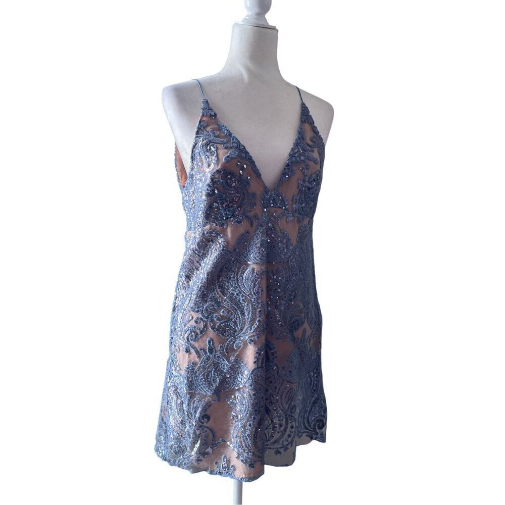 NWT Free People Night Shimmers Mini Dress Blue Sequin SZ 10 - Picture 2 of 13